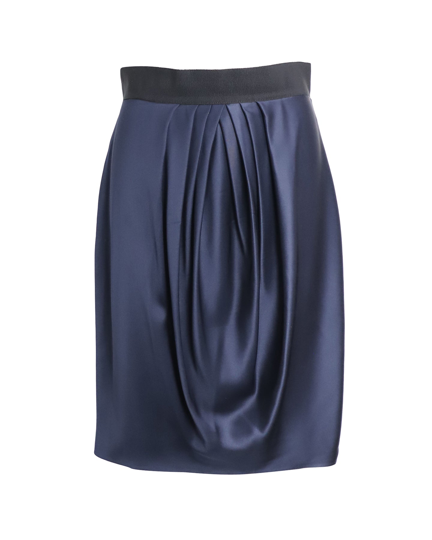 Valentino Pleated Front Midi Skirt in Navy Blue Silk 7802244759612
