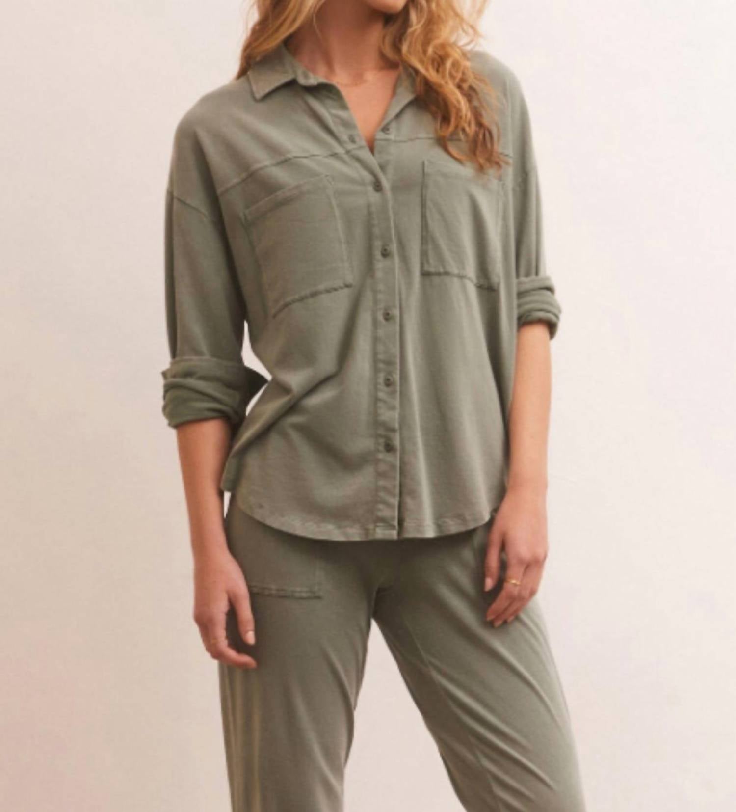 Niccola Button Up Top In Evergreen