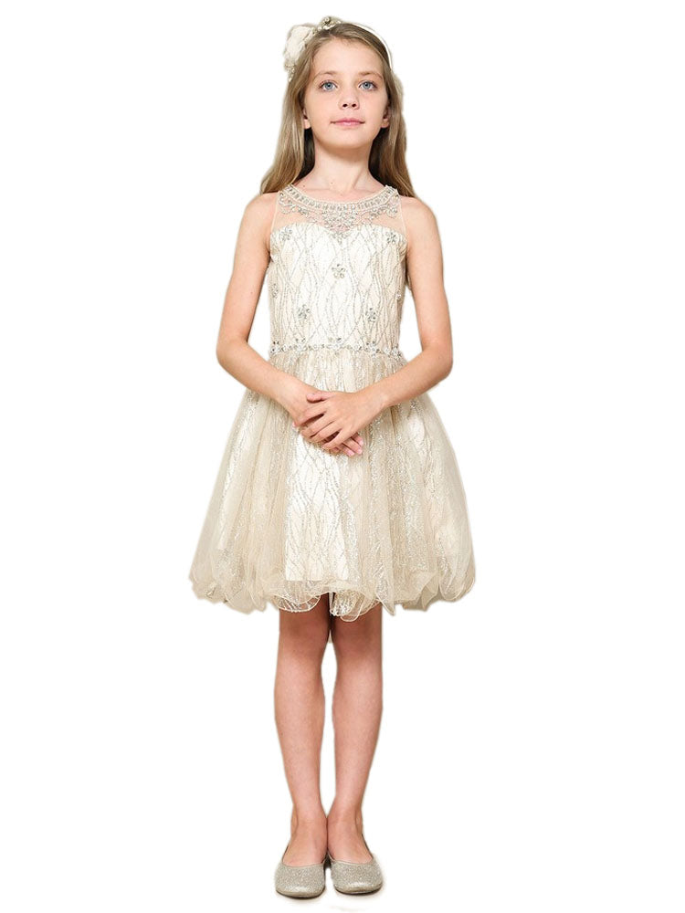 Girls Champagne Sweetheart Illusion Neckline Jewel Dress 6-16