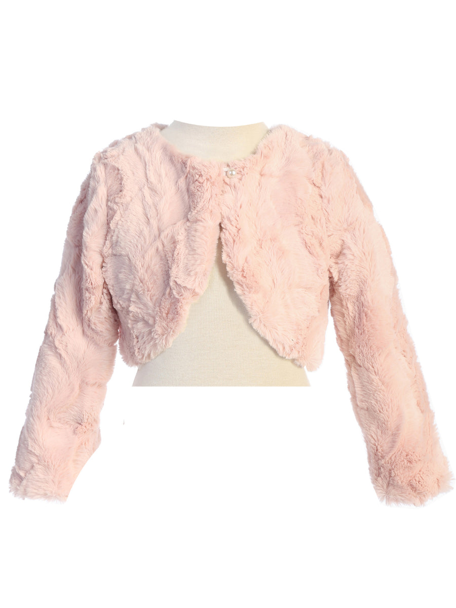 Little Girls Blush Pearl Button Marble Fur Bolero Jacket 2-6