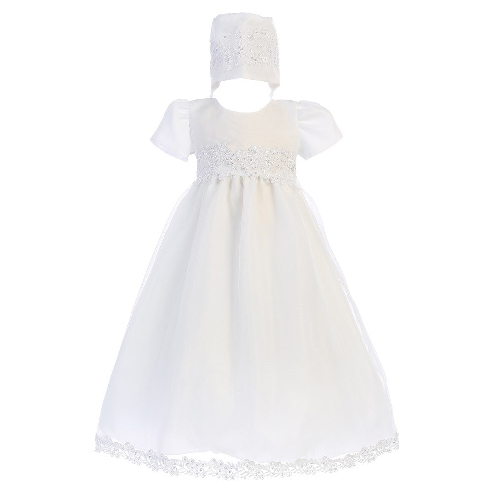 Baby Girls White Sequin Trim Organza Gown Bonnet Christening Set 0-18M