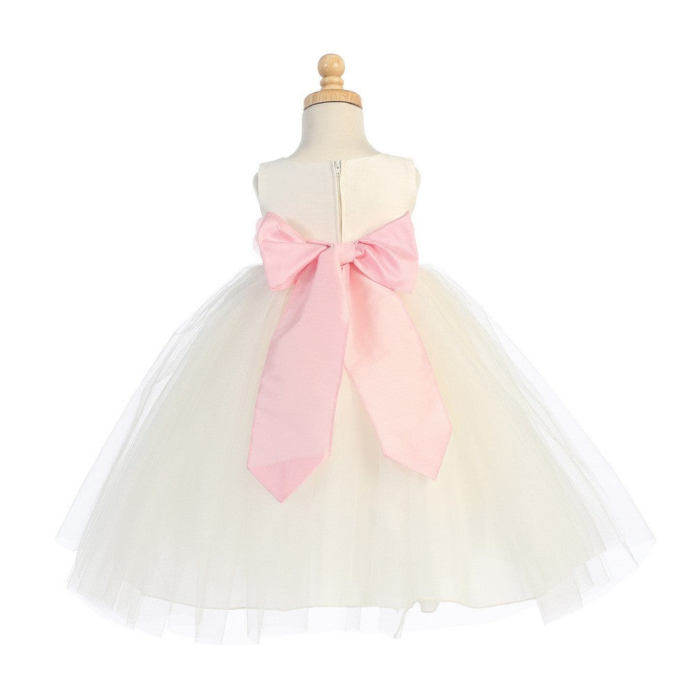 Baby Girls Ivory Pink Sash Poly Silk Tulle Flower Girl Dress 6-24M