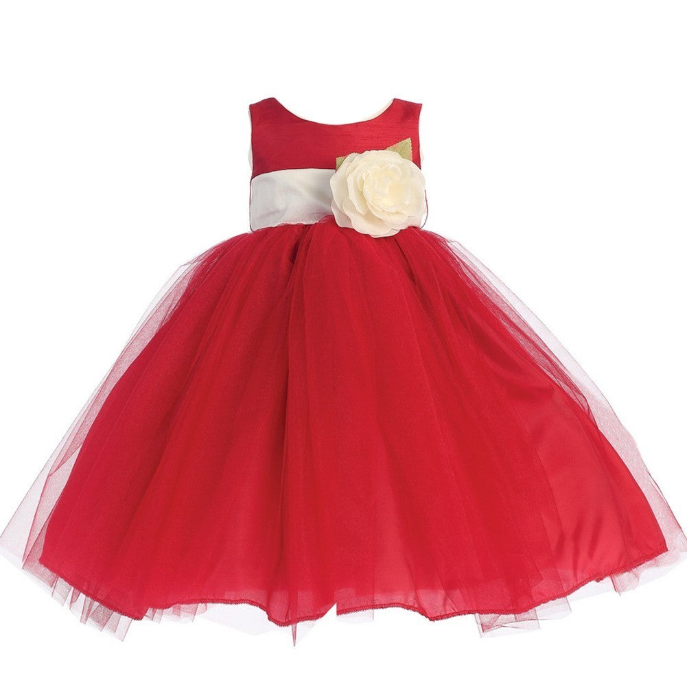 Little Girls Red Ivory Sash Poly Silk Tulle Flower Girl Dress 2T-6