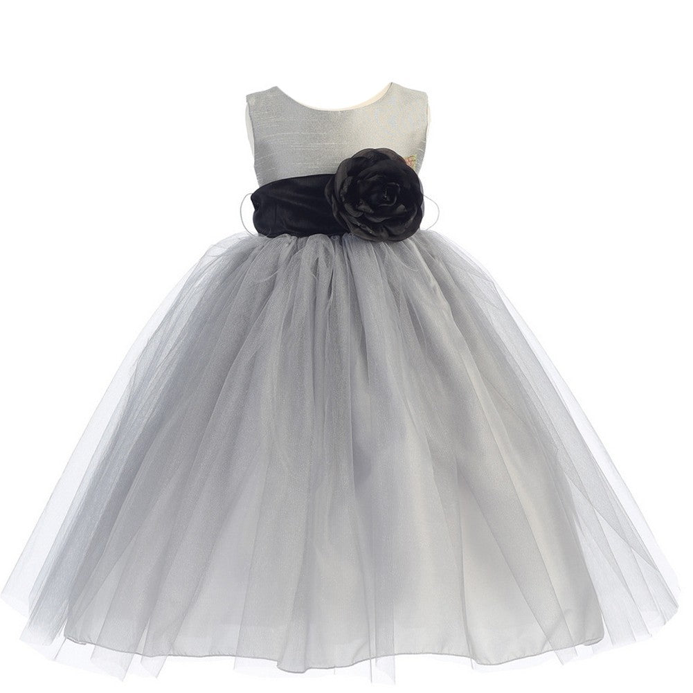 Baby Girls Silver Black Sash Poly Silk Tulle Flower Girl Dress 6-24M