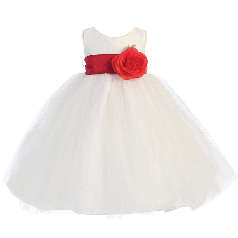 Little Girls White Red Sash Poly Silk Tulle Flower Girl Dress 2T-6