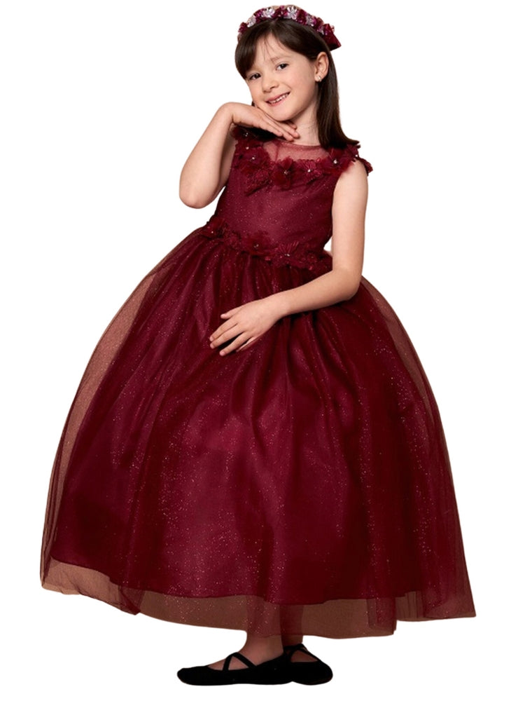 Big Girls Burgundy Illusion Neckline Floral Applique Glitter Tulle Dress 8-16