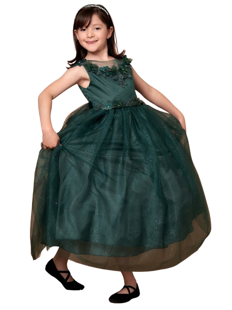 Big Girls Hunter Green Illusion Neckline Floral Applique Tulle Dress 8-16