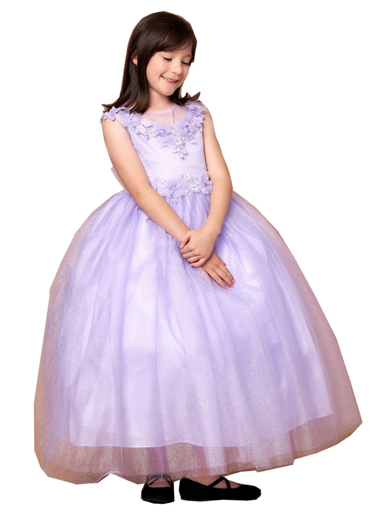 Big Girls Lilac Illusion Neckline Floral Applique Glitter Tulle Dress 16