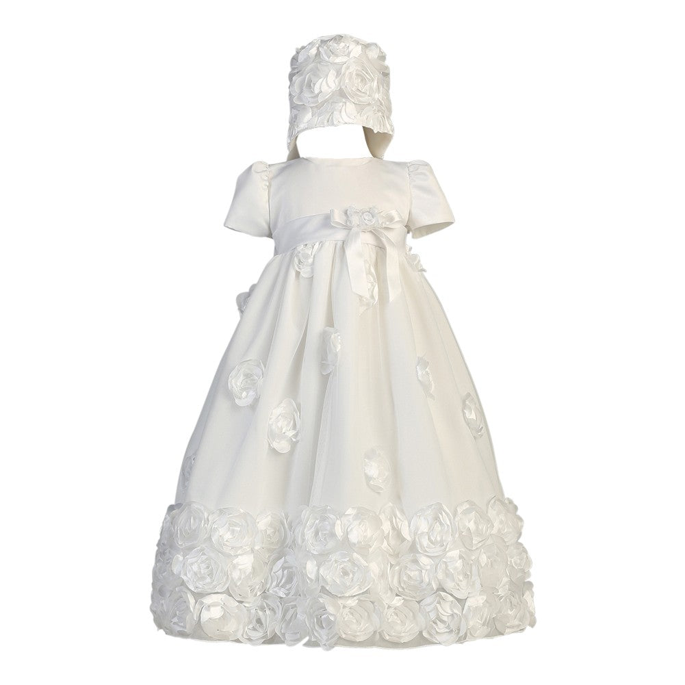 Baby Girls White Floral Ribbon Tulle Dress Bonnet Baptism Set 0-18M