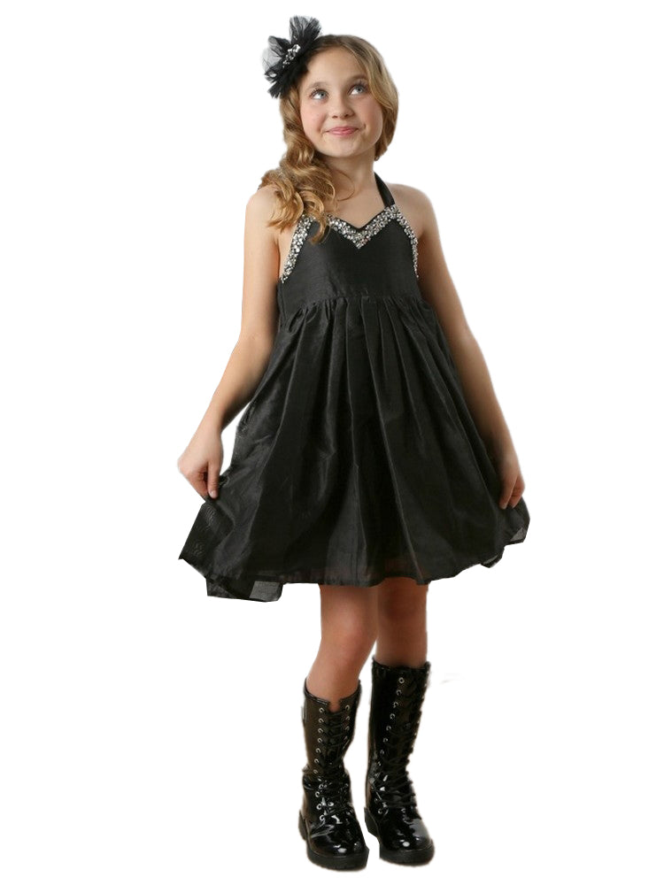 Girls Black Evaleen Stone Halter Dress, 12M-14