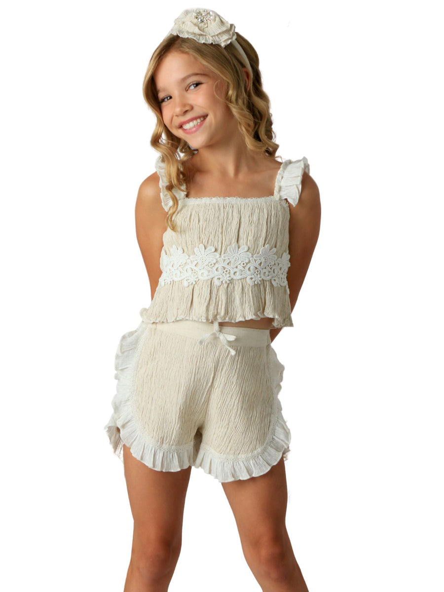 Oatmeal Evie 2 Pieces Short Set for Girls with Ruffled Shorts and Top, Sizes 12M-14