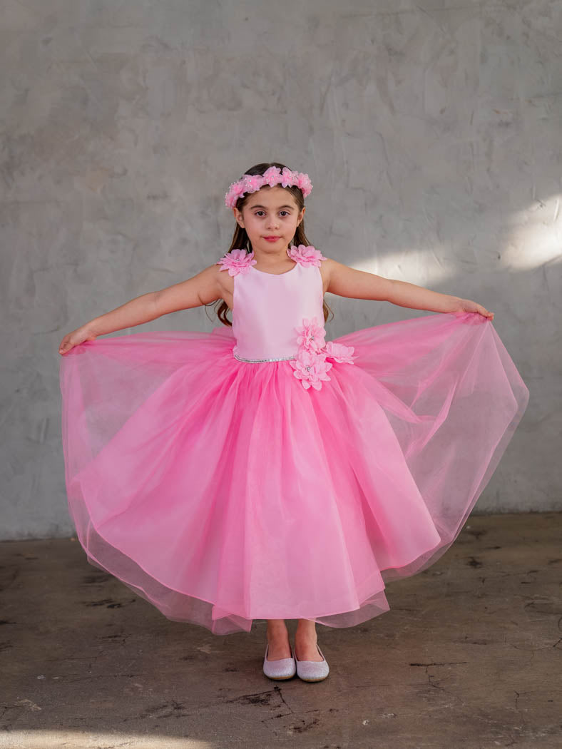 Big Girls Hot Pink Beaded Flower Appliques Tulle Junior Bridesmaid Dress 8-16