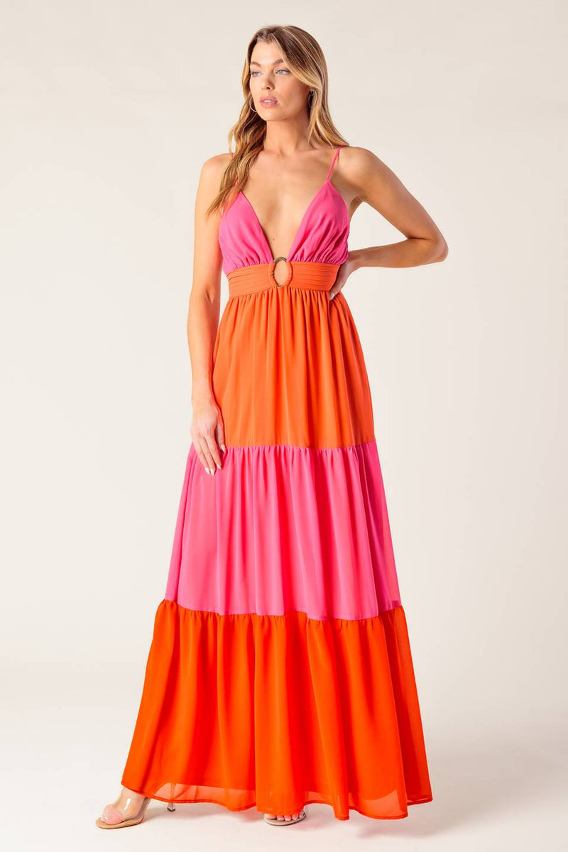 REGAL RISE WOVEN COLOR BLOCKED MAXI DRESS