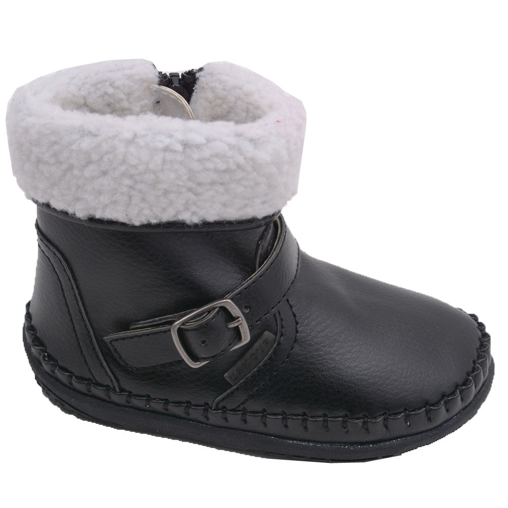 Girls Black Fleece Lined Ankle Buckle Boots Shoes 4-7 Baby Toddler