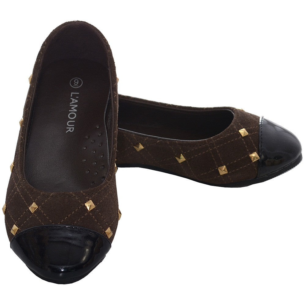 Brown Suede Patent Gold Stud Ballet Shoe Toddler Girls 7-10