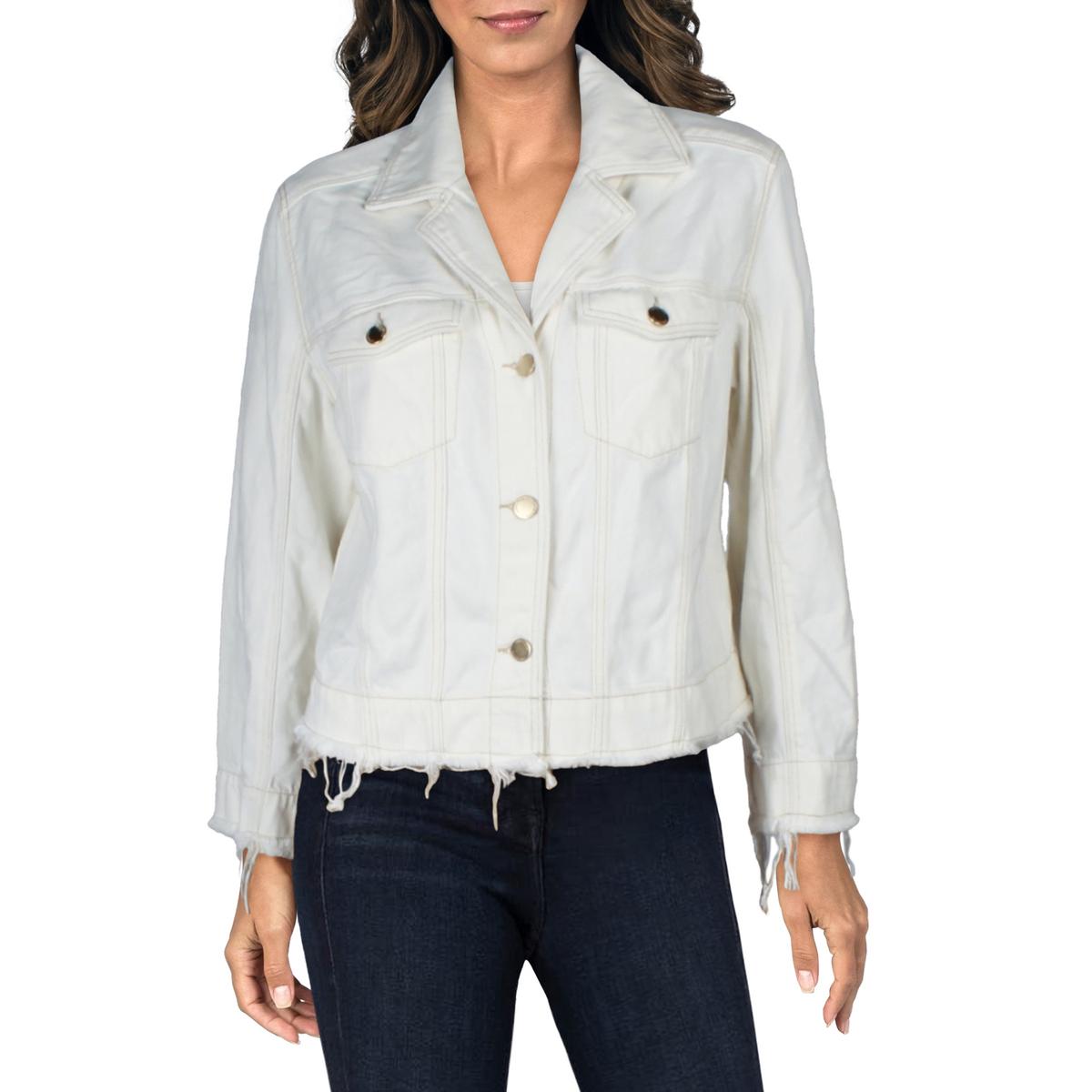 Notch Collar Frayed Hem Denim Jacket