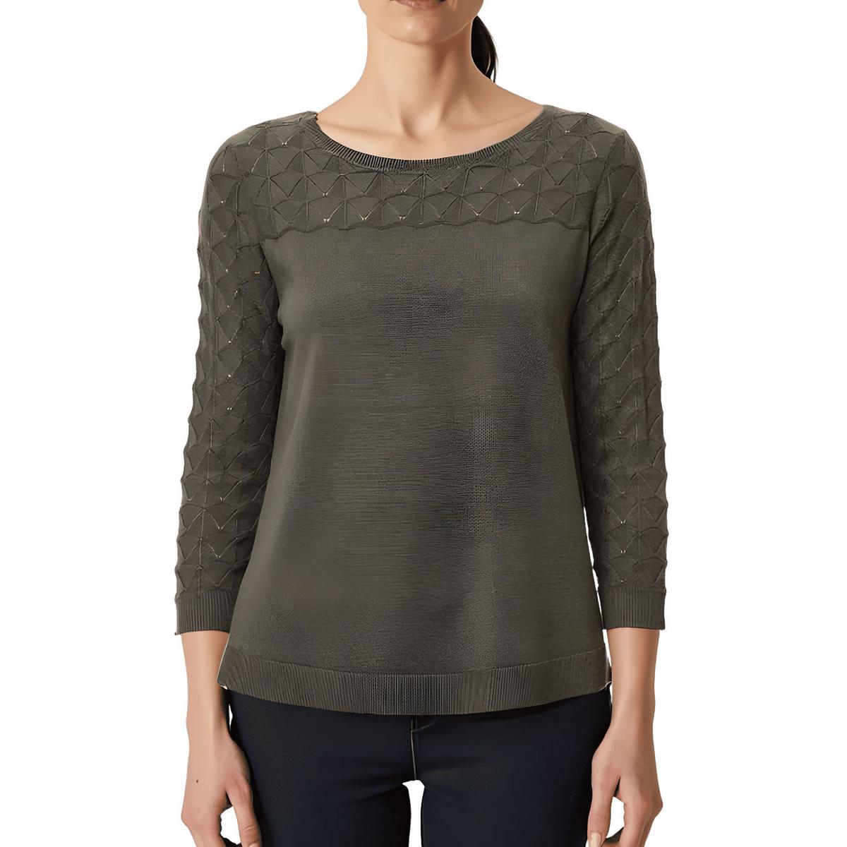 Eyelet Ribbed Trim Crewneck Sweater