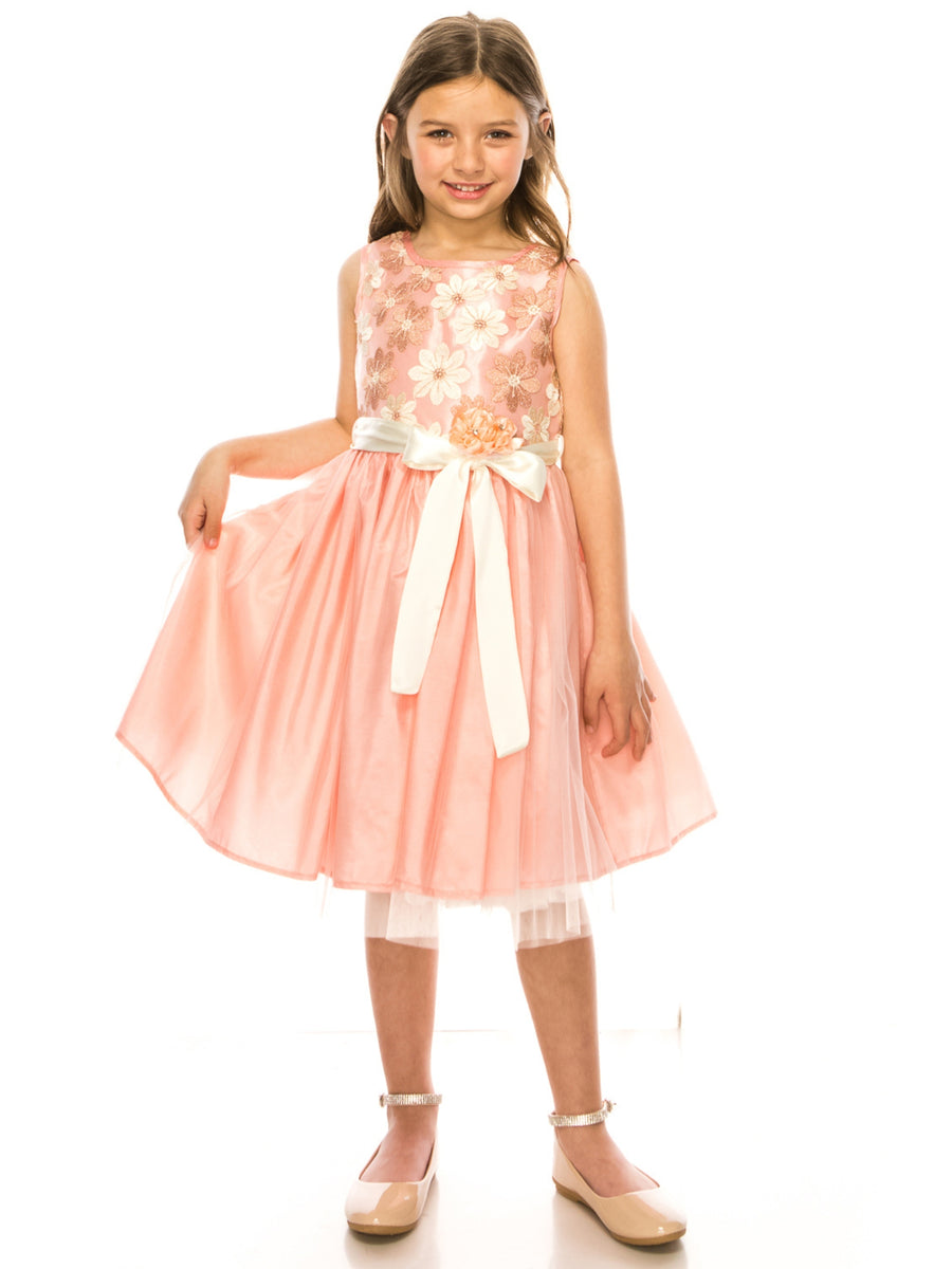 Girls Multi Color Floral Trim Overlaid Tulle Junior Bridesmaid Dress 2-14