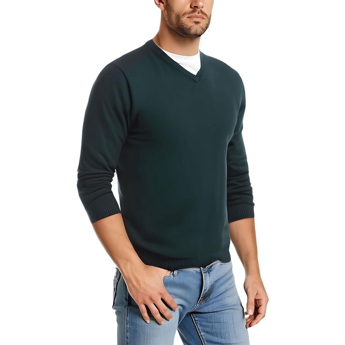 Ribbed Trim Cotton V-Neck Sweater