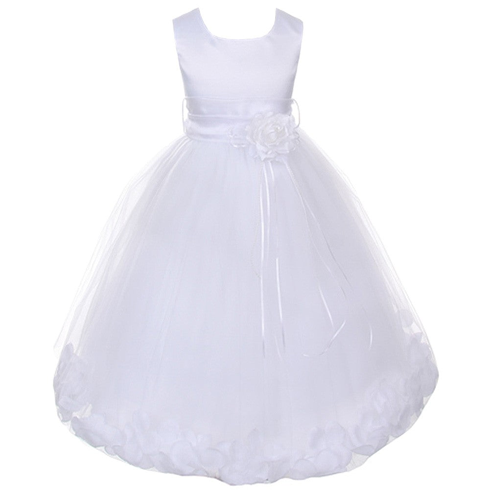 Big Girls All White Satin White With Sash Floating Petal Flower Girl Dress 8-14