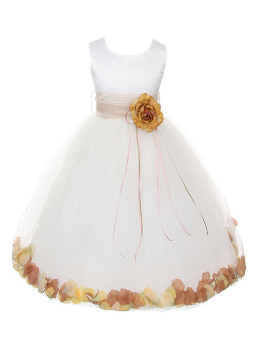 Girls White With Sash Satin Petal Sash Flower Girl Dress 2-14