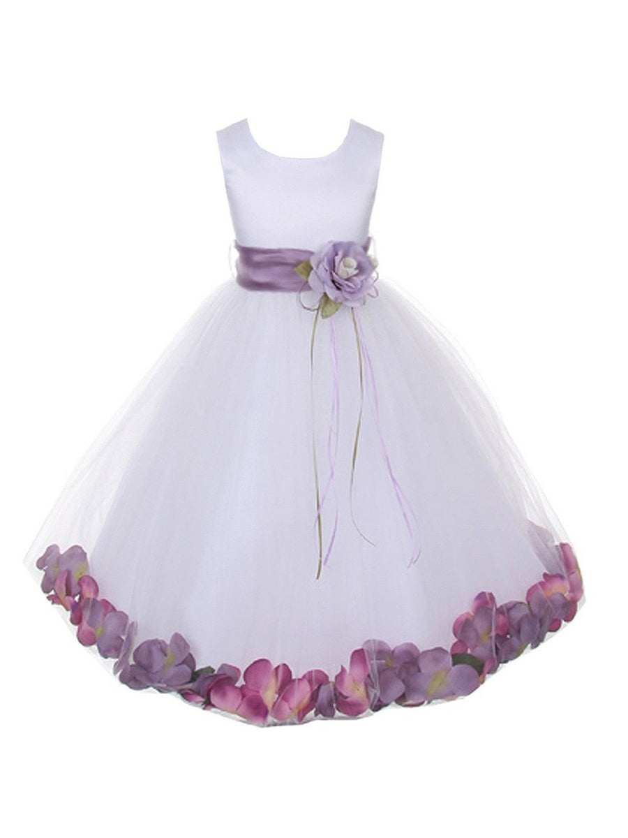 Girls White Satin With Sash Floating Petal Flower Girl Dress 2T-14