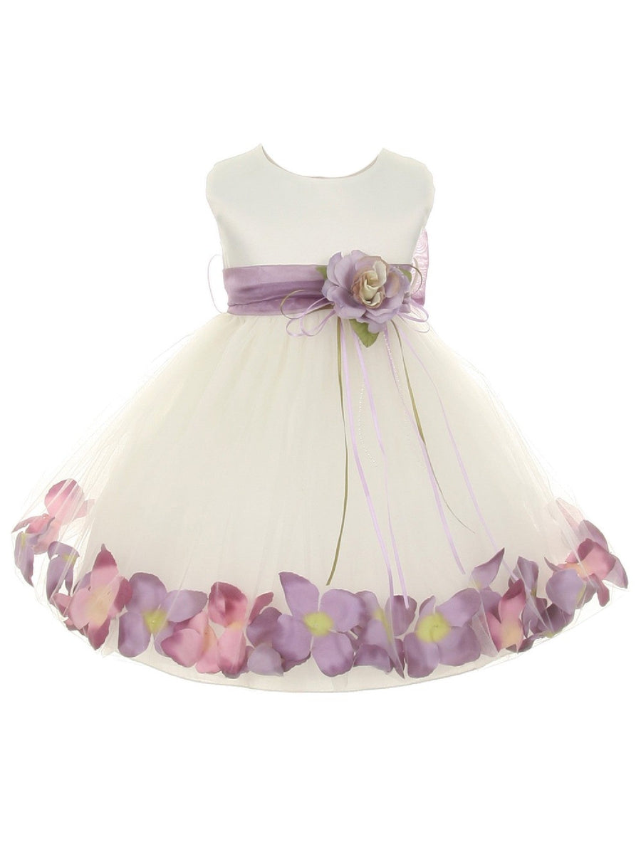 Baby Girls Ivory Lavender Satin Floating Petals Sash Flower Girl Dress 12Months