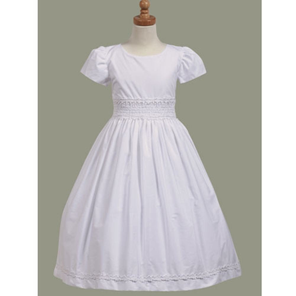 White Cotton Smocked Communion Short Sleeve Dress Size 7-12
