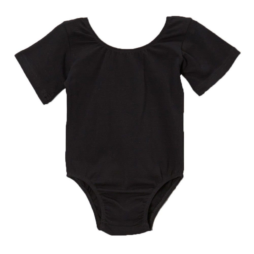 Big Girls Black Cotton Spandex Gym Dance Short Sleeve Leotard 7-10