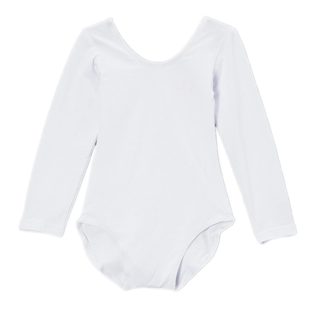 Big Girls White Long Sleeve Cotton Spandex Gym Dance Leotard 7-10
