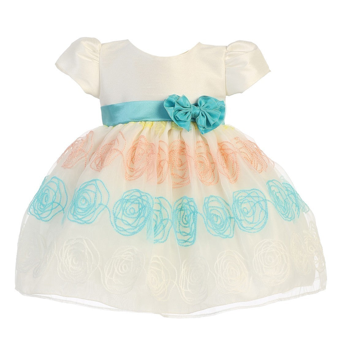 Little Girls Ivory Teal Rosette Embroidered Organza Easter Dress 2-4T