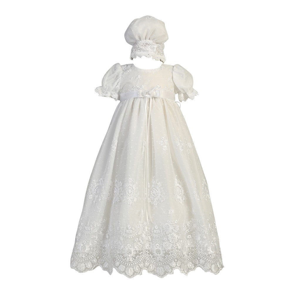 Baby Girls White Embroidered Tulle Gown Bonnet Baptism Set 0-12M