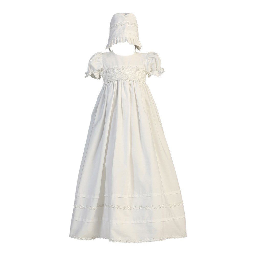 Baby Girls White Smocked Cotton Long Gown Bonnet Baptism Set 0-18M