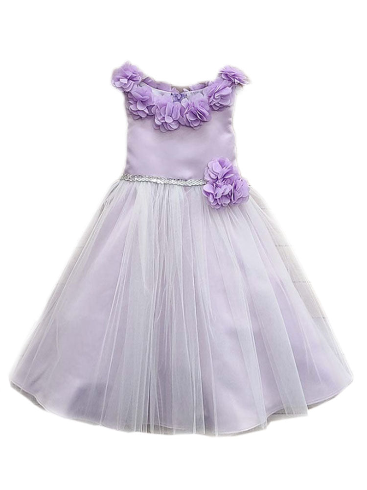 Big Girls Lilac 3D Flower Neckline Rhinestone Belt Dress 8-16