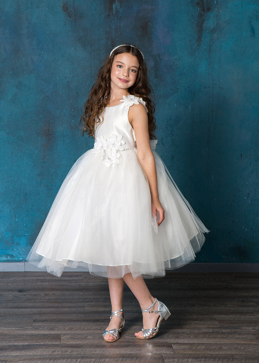 Big Girls Ivory Beaded Flower Appliques Tulle Junior Bridesmaid Dress 16