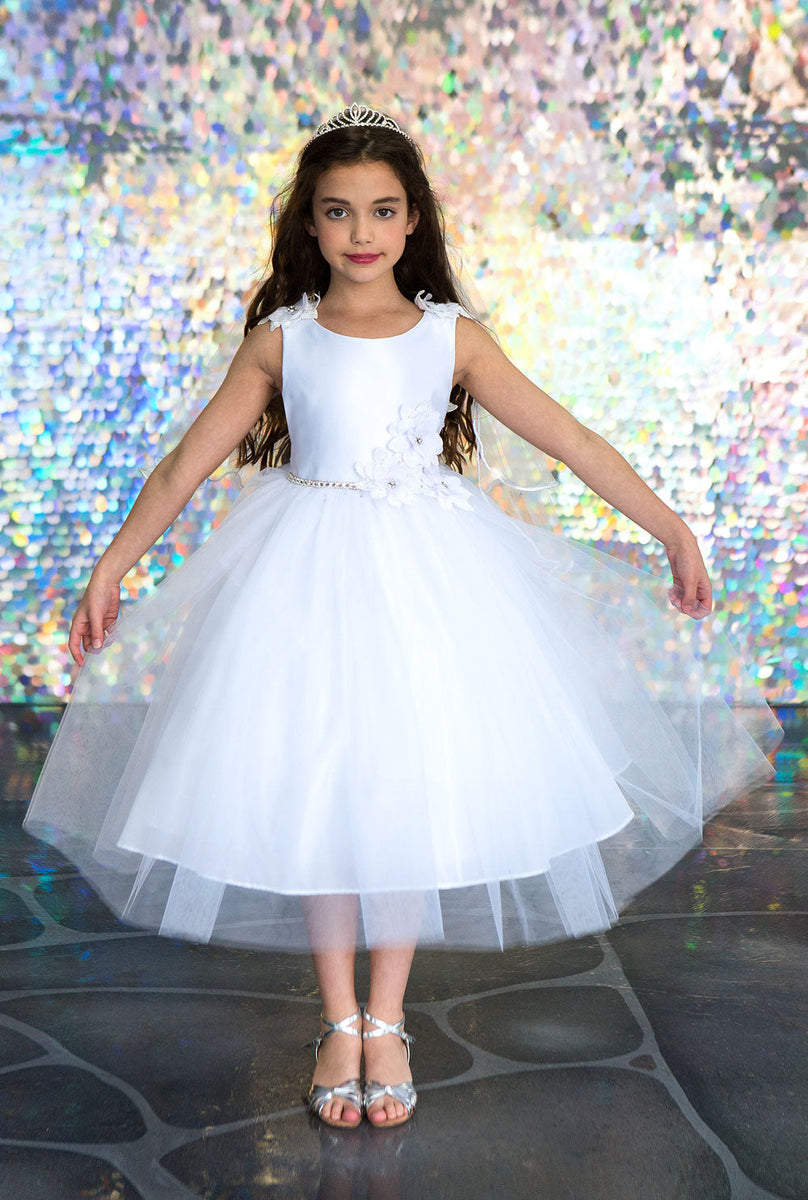 Little Girls White Beaded Flower Appliques Tulle Flower Girl Dress 2