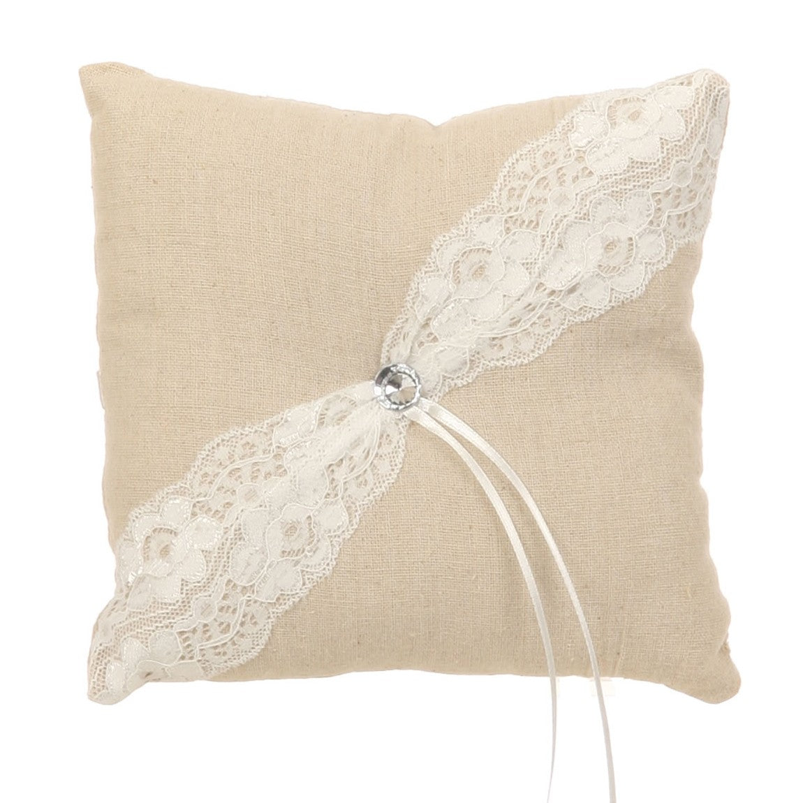 Khaki White Burlap Lace Decorated Ring Bearer Pillow