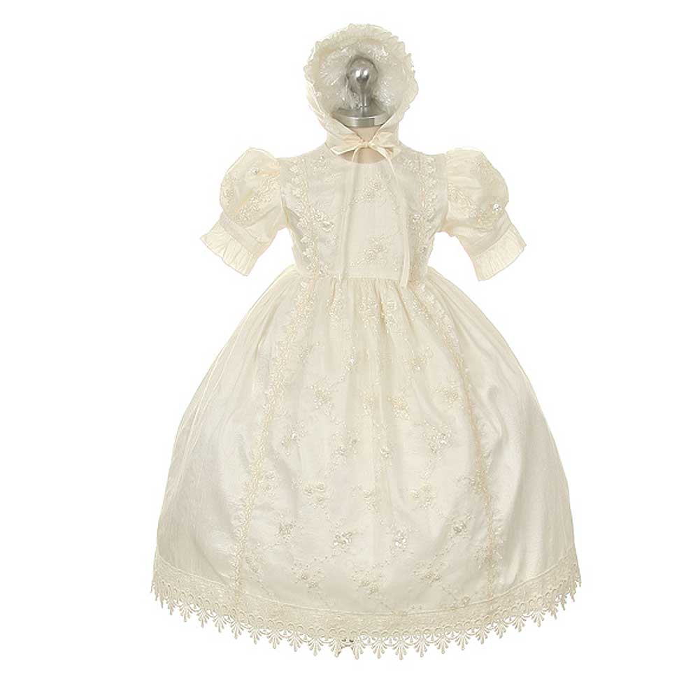 Ivory Silk Lace Bonnet Baptism Dress Baby Girl 6M-24M