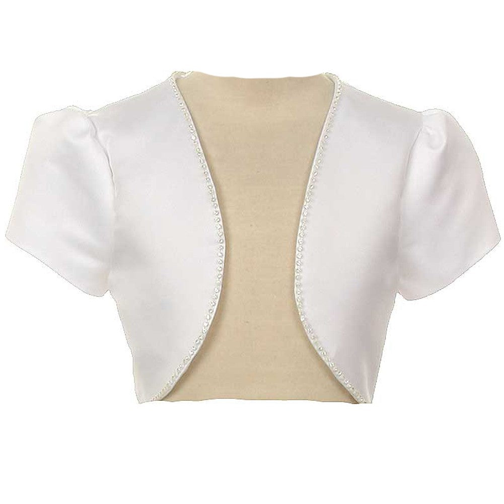 White Satin Rhinestone Trim Short Sleeve Bolero Girls 8-14