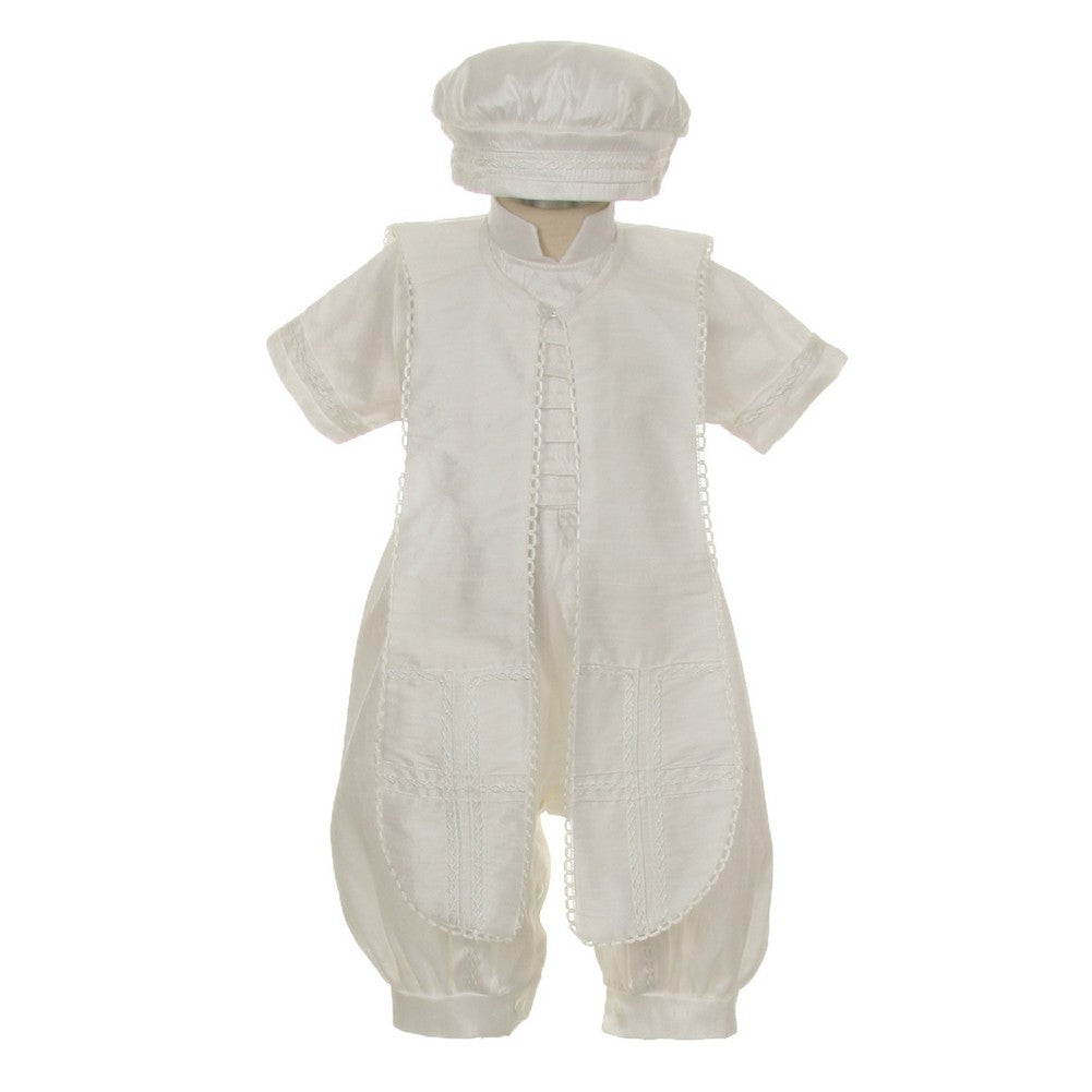 Little Boys Ivory Silk Button Stole Hat Baptism Romper 2-3T
