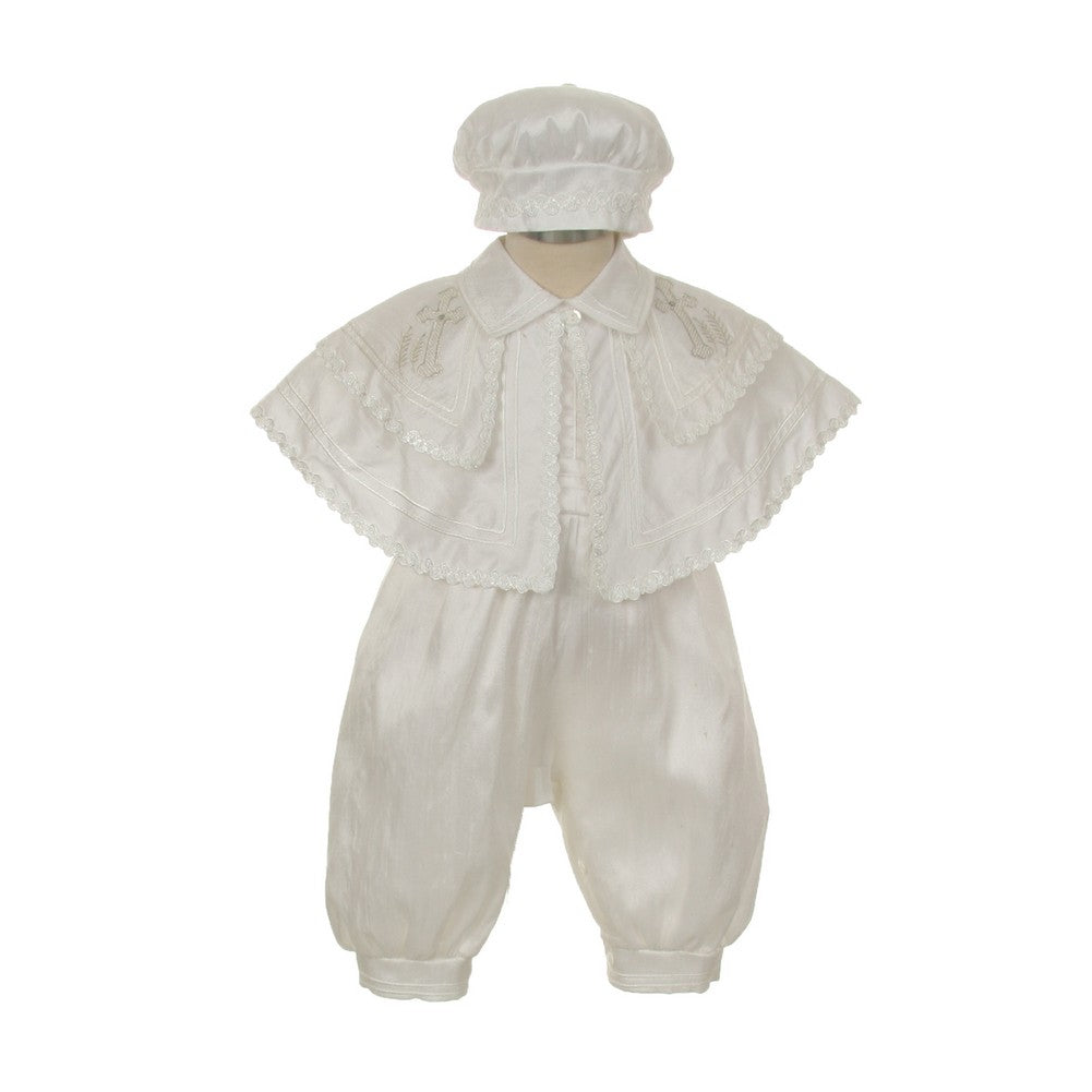 Little Boys White Silk Cross Cape Hat Baptism Romper Jumpsuit 2-3T