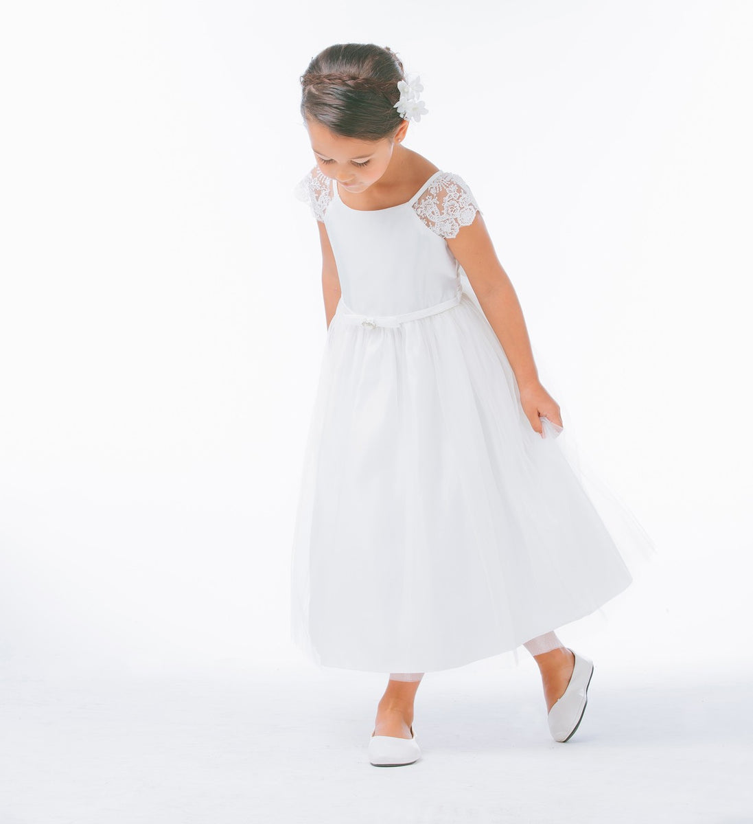 Little Girls Off White Lace Sleeve Satin Flower Girl Dress 2T-6