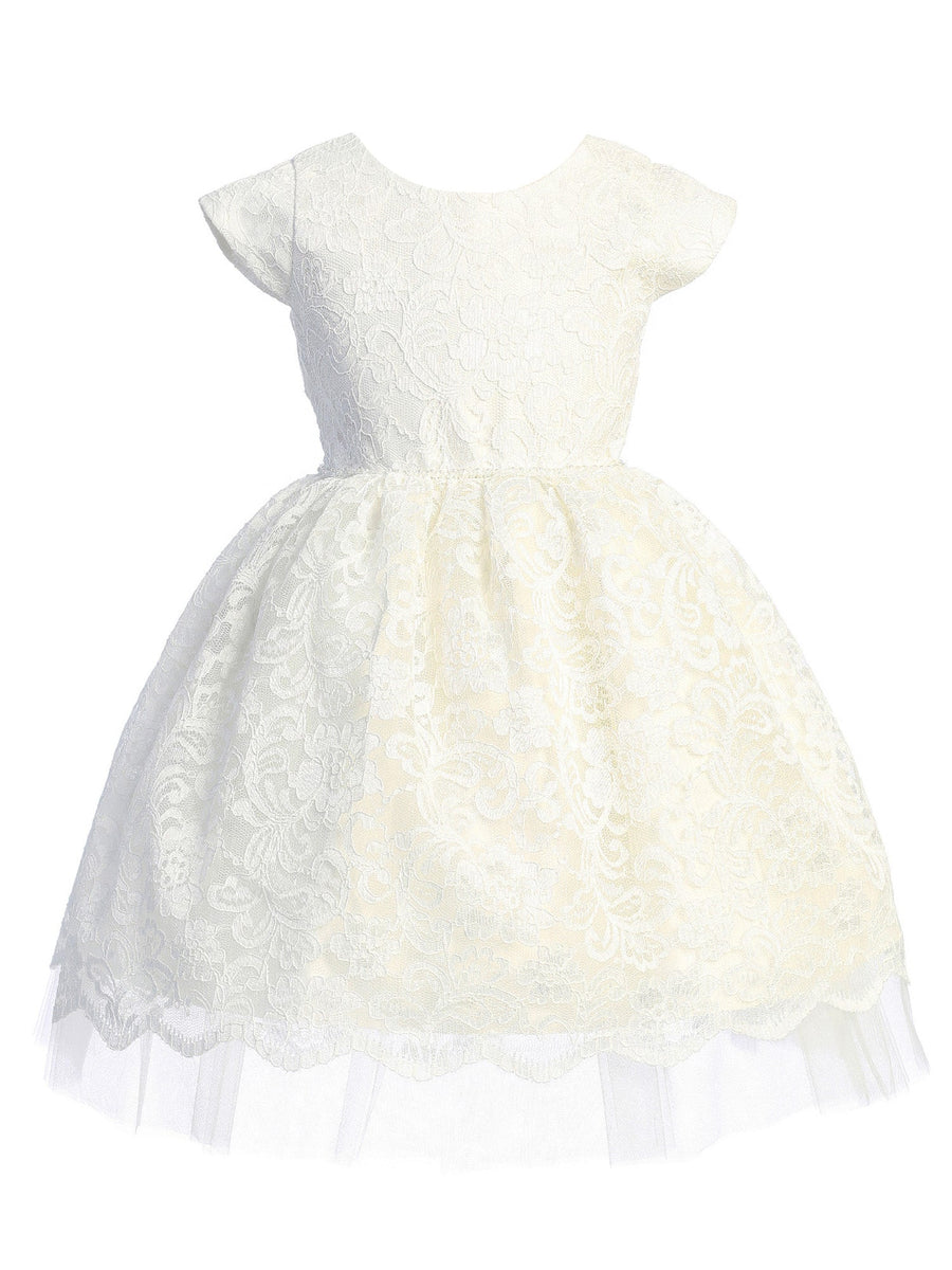 Little Girls Off White Pearl Trim Floral Lace Tulle Flower Girl Dress 5