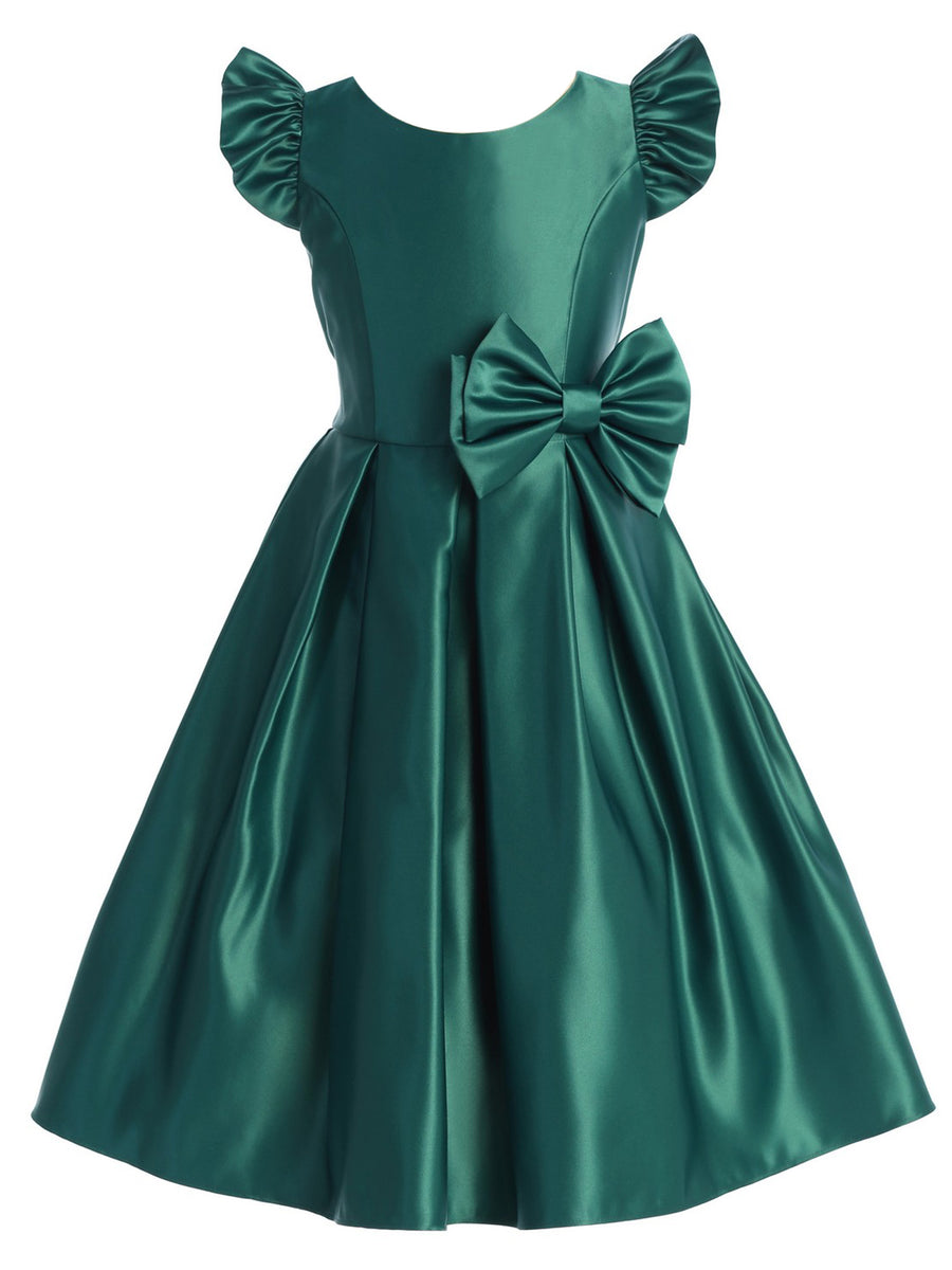 Little Girls Hunter Green Flutter Sleeve Bow Flower Girl Dress 2-6