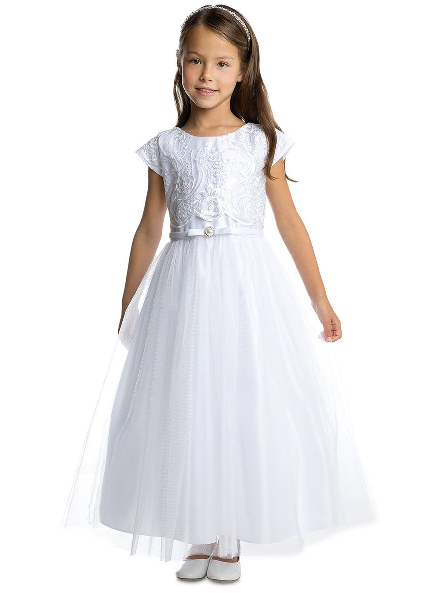 Girls Satin Tulle Lace Pop Over Top and Satin Double Bow Dress, Sizes 2-16