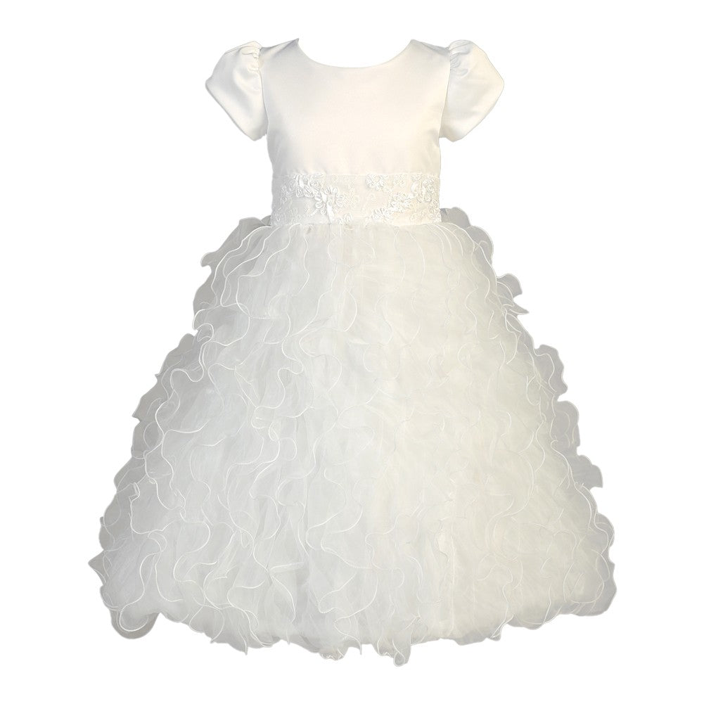 Big Girls White Satin Ruffle Organza Sequin Tea Length Communion Dress 5-7