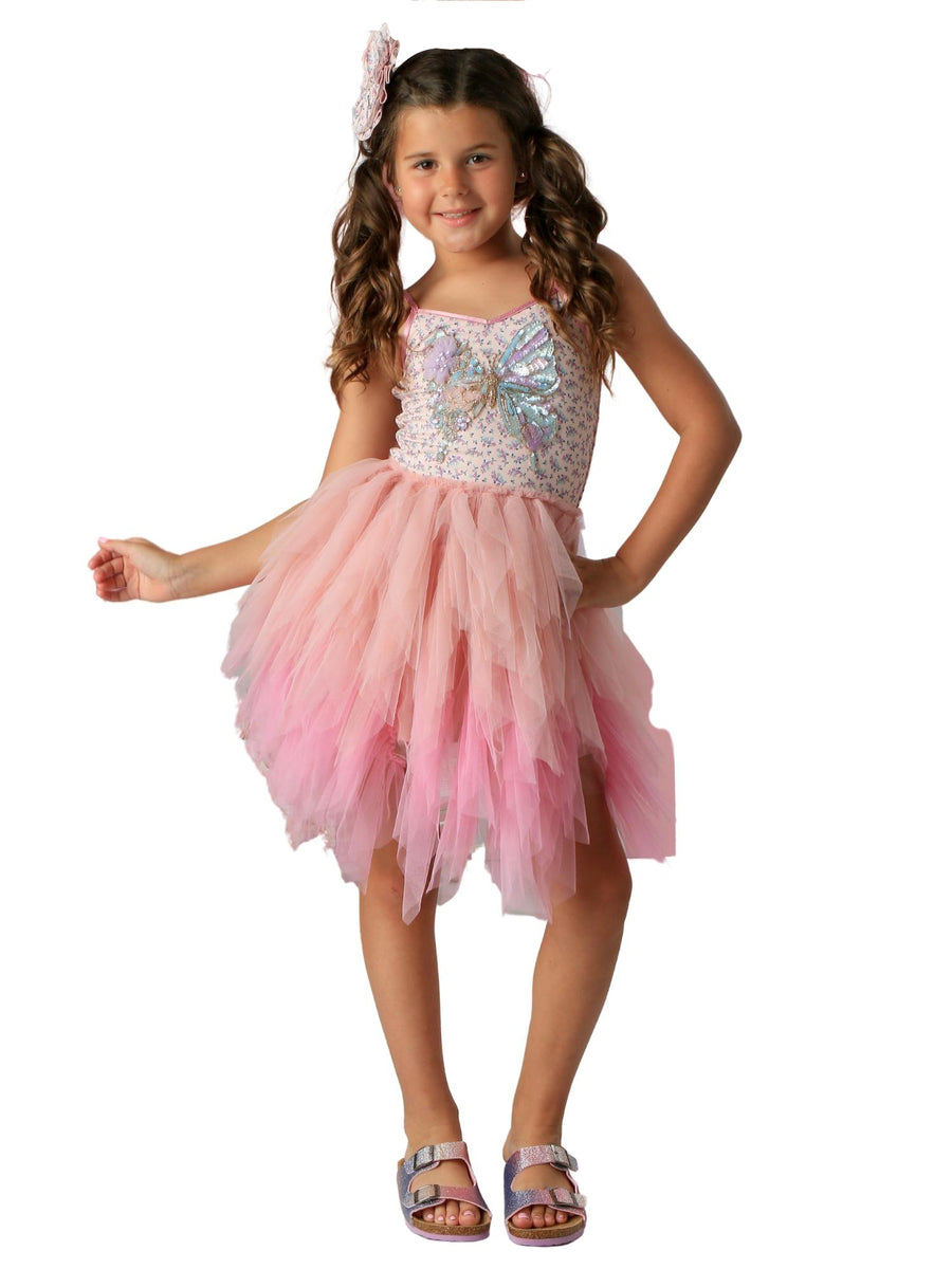 Girls Pink Floral Butterfly Ombre Tulle Emma Dress, Sizes 12M-14