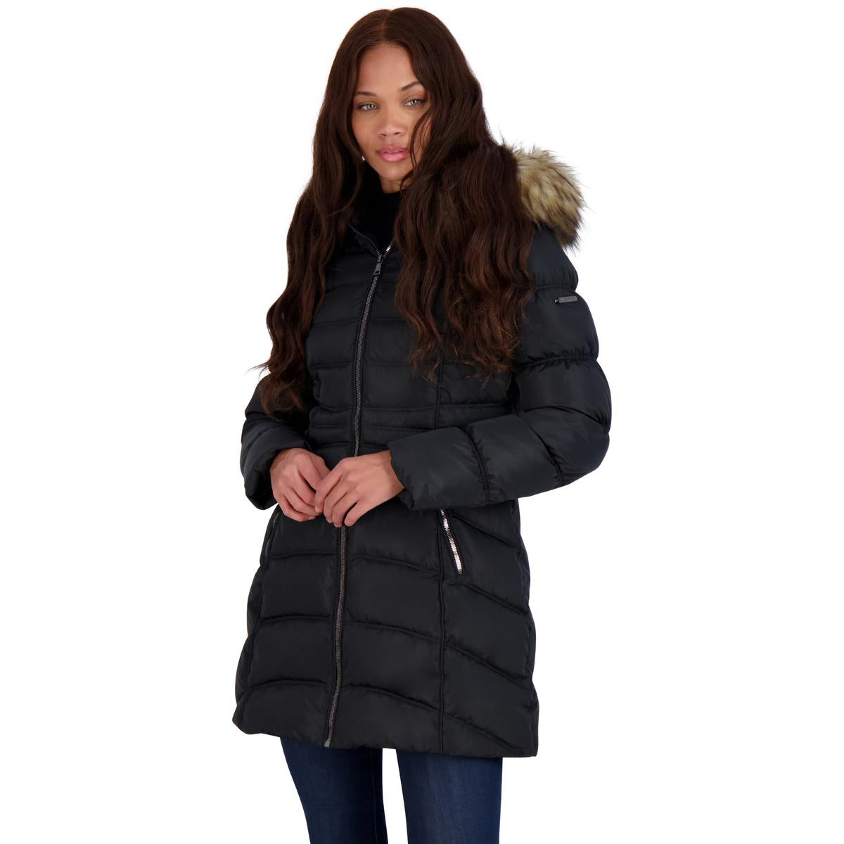Quilted Faux Fur Trim Mid-Length Puffer Coat