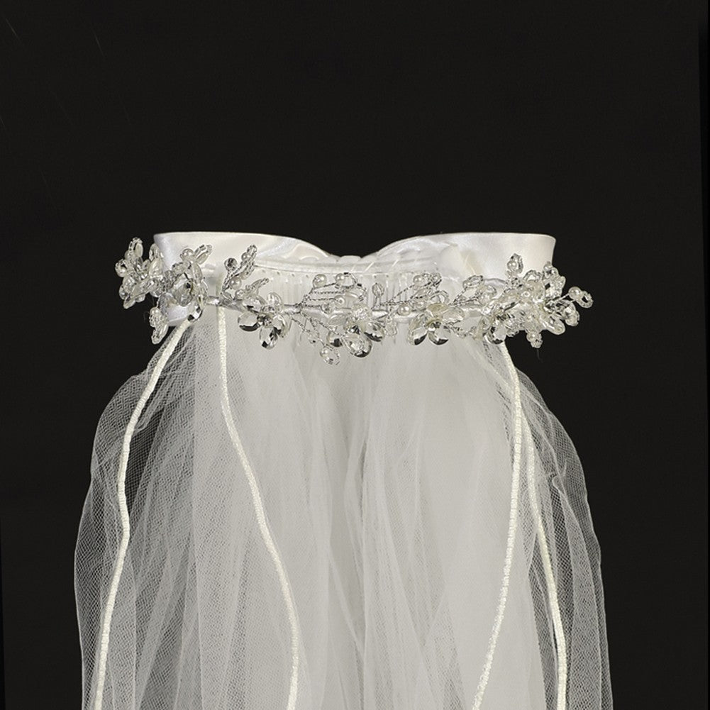 White Organza Flowers Rhinestone Crystal Beads Special Occasion 24" Veil