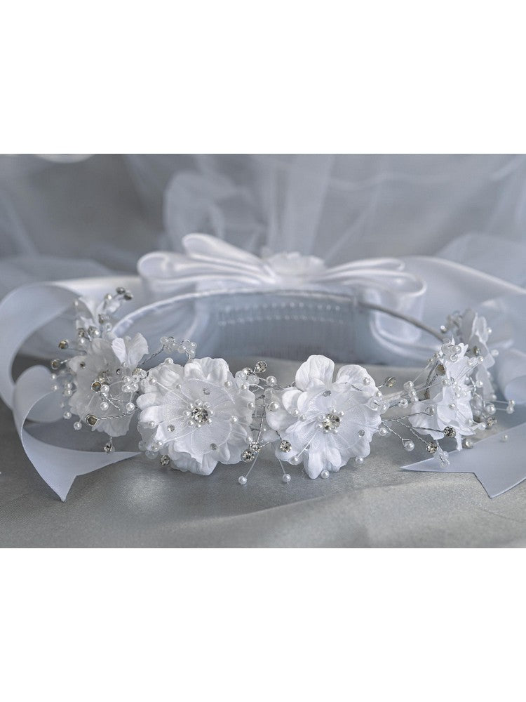 Girls White Silk Organza Flowers 24 Inches Communion Flower Girl Veil